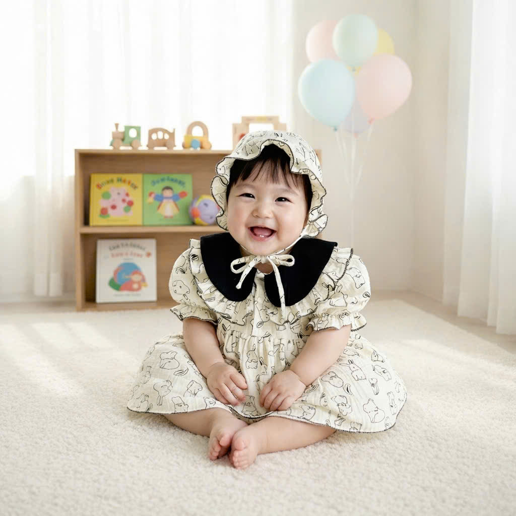 Bunny Sketch Muslin Romper Dress with Bonnet Newborn–2 Years | Vintage Peter Pan Collar Baby Outfit