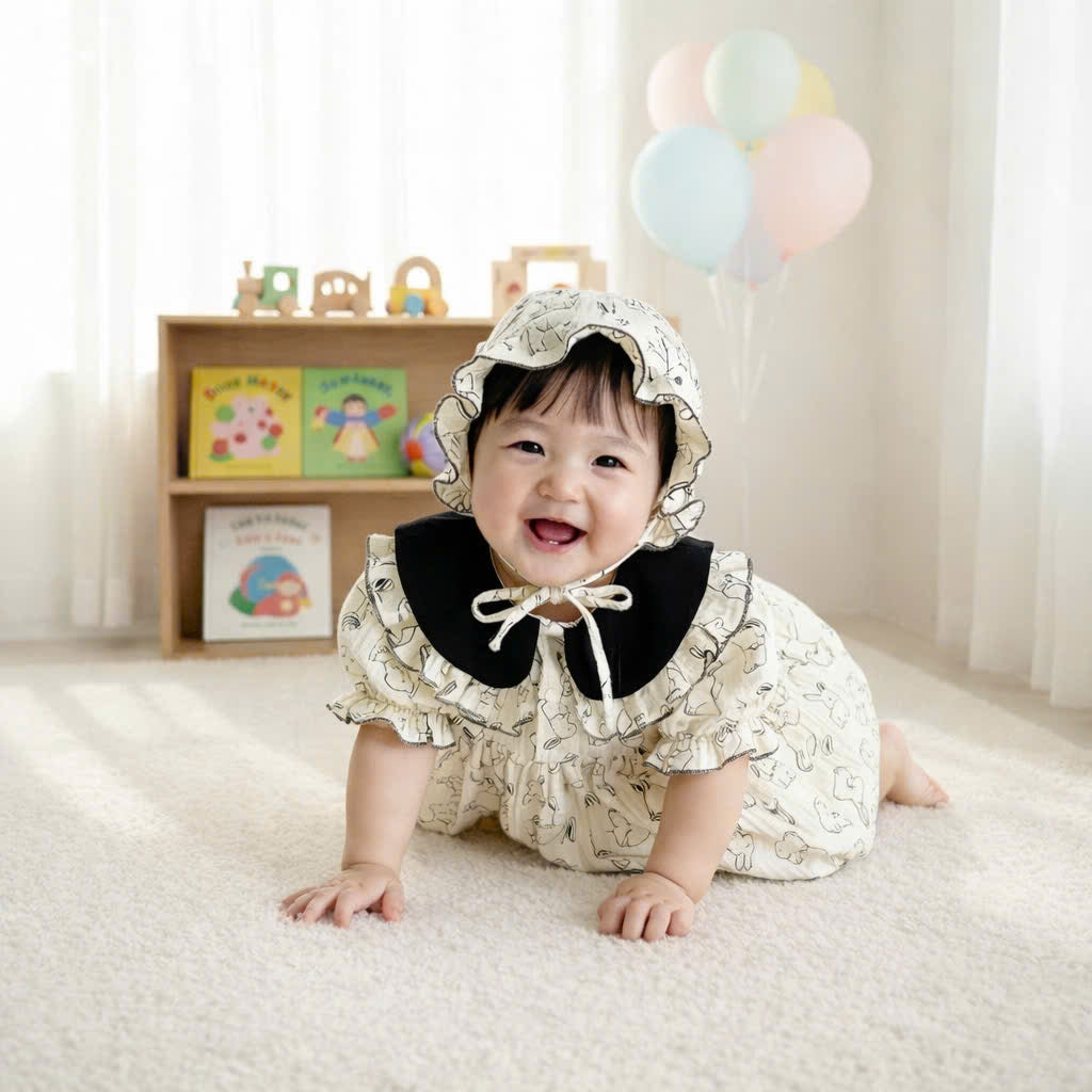 Bunny Sketch Muslin Romper Dress with Bonnet Newborn–2 Years | Vintage Peter Pan Collar Baby Outfit