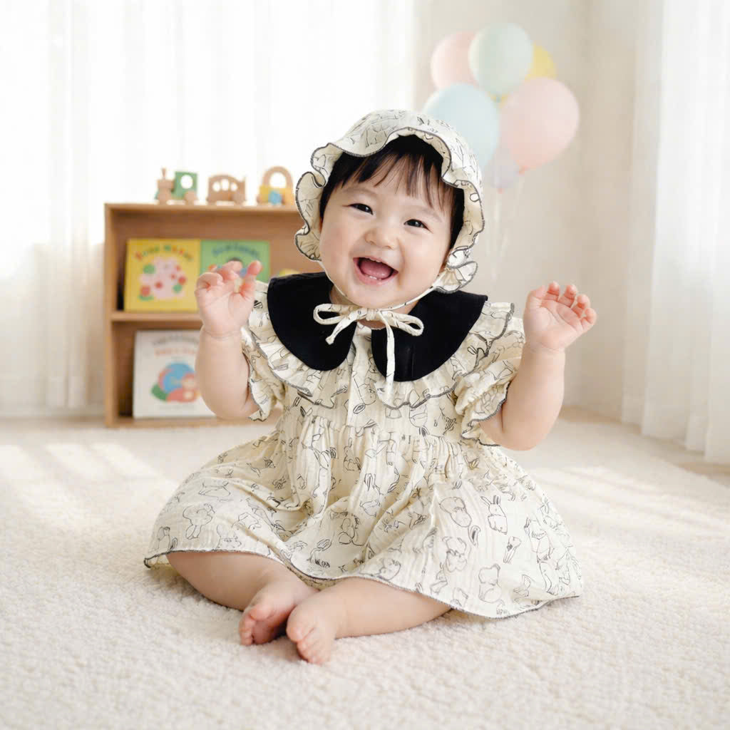 Bunny Sketch Muslin Romper Dress with Bonnet Newborn–2 Years | Vintage Peter Pan Collar Baby Outfit