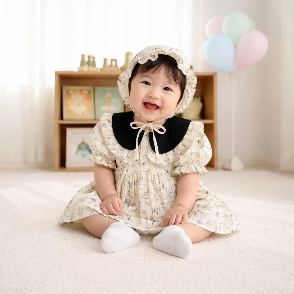 Bunny Sketch Muslin Romper Dress with Bonnet Newborn–2 Years | Vintage Peter Pan Collar Baby Outfit