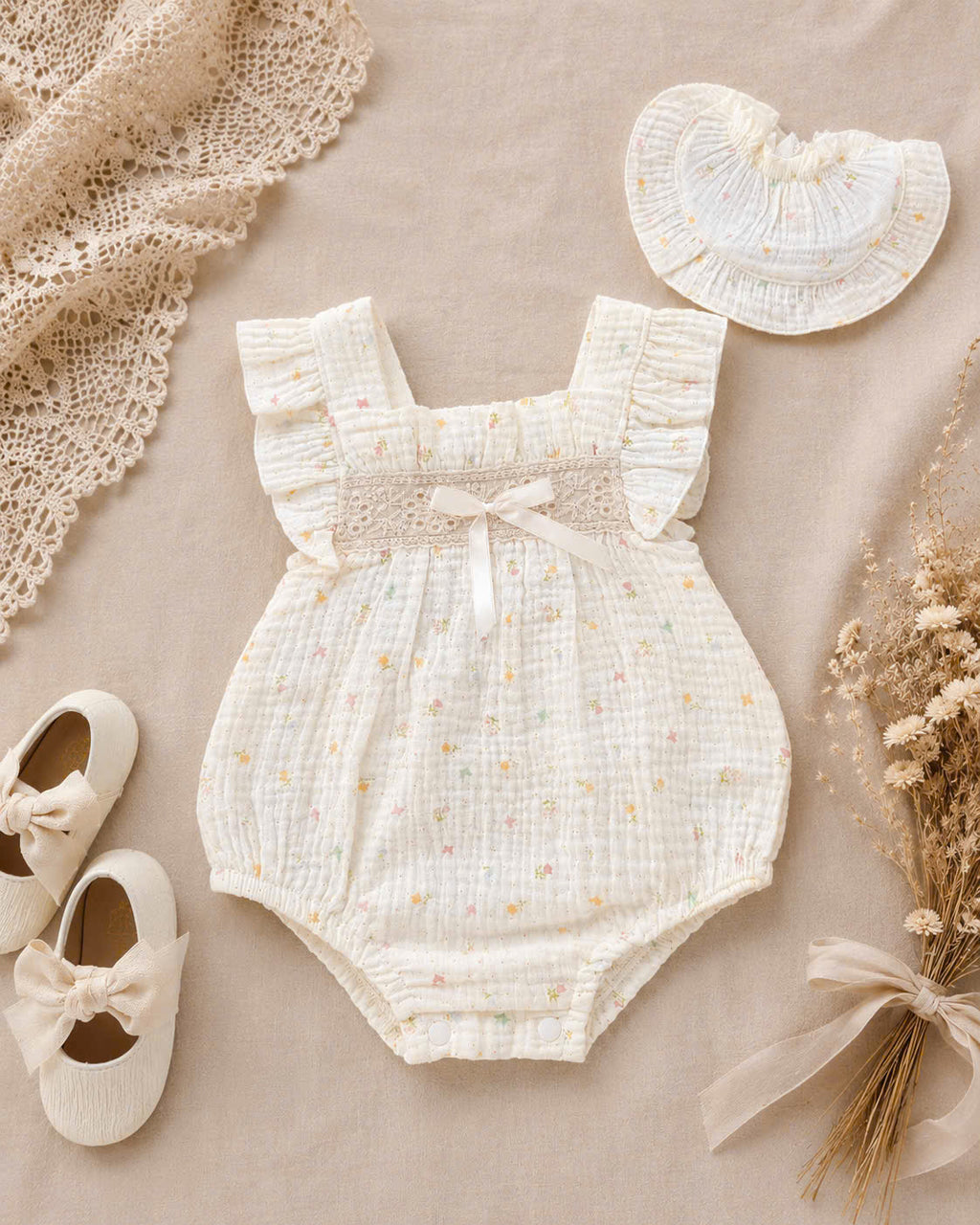 Sweet Blossom Muslin Babydoll Romper Set Newborn–12 Months | Floral Baby Romper with Matching Bib | Summer Baby Outfit