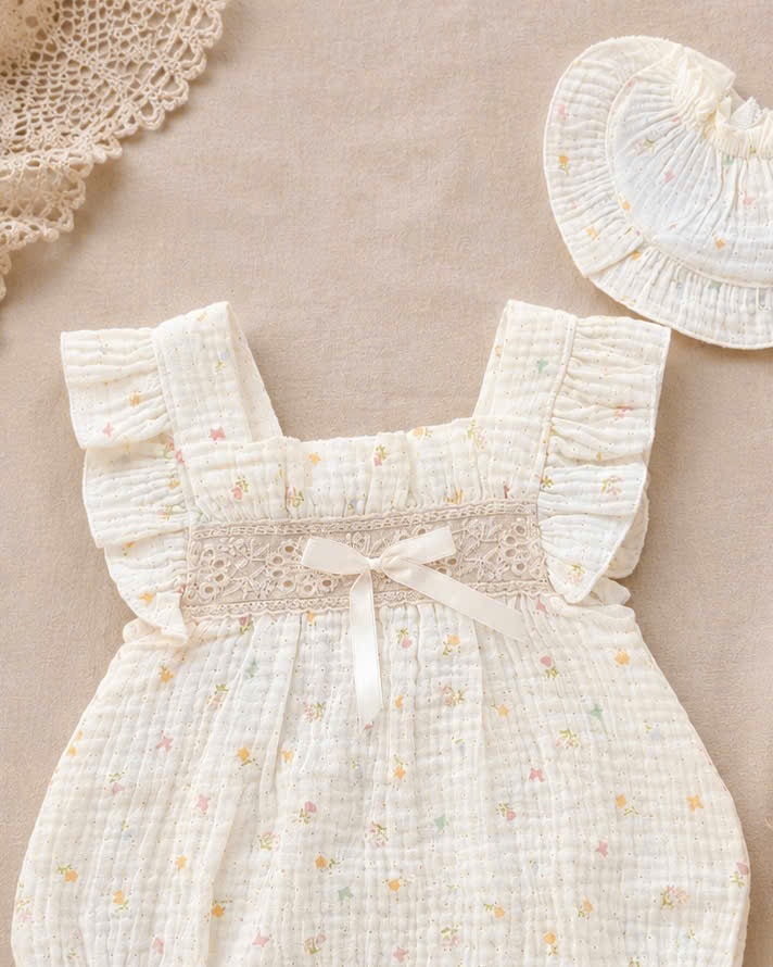 Sweet Blossom Muslin Babydoll Romper Set Newborn–12 Months | Floral Baby Romper with Matching Bib | Summer Baby Outfit