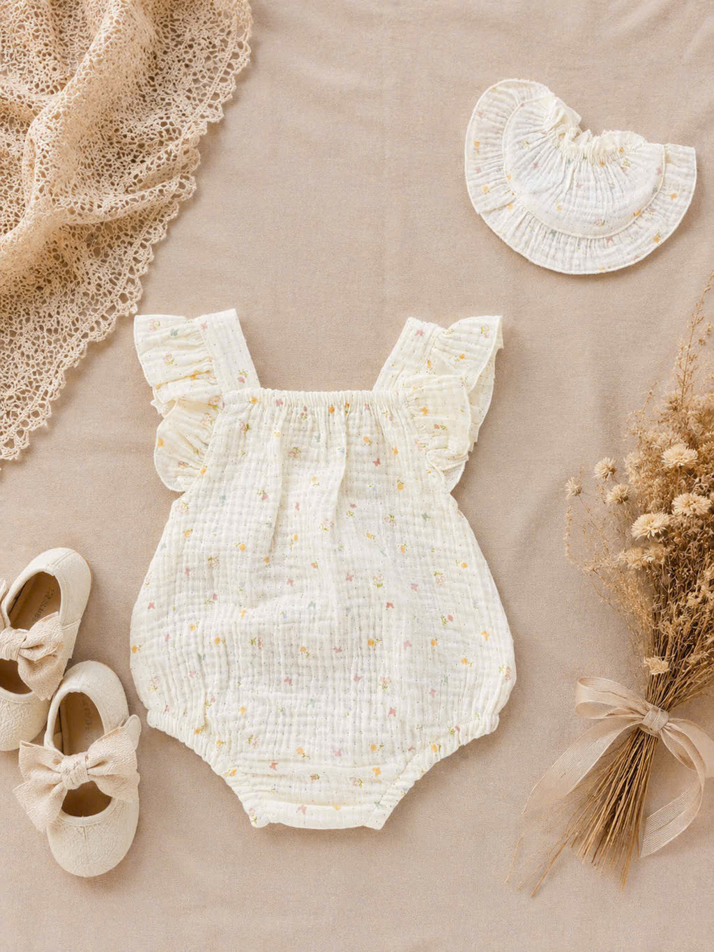 Sweet Blossom Muslin Babydoll Romper Set Newborn–12 Months | Floral Baby Romper with Matching Bib | Summer Baby Outfit