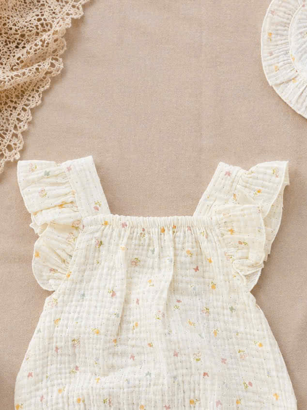 Sweet Blossom Muslin Babydoll Romper Set Newborn–12 Months | Floral Baby Romper with Matching Bib | Summer Baby Outfit
