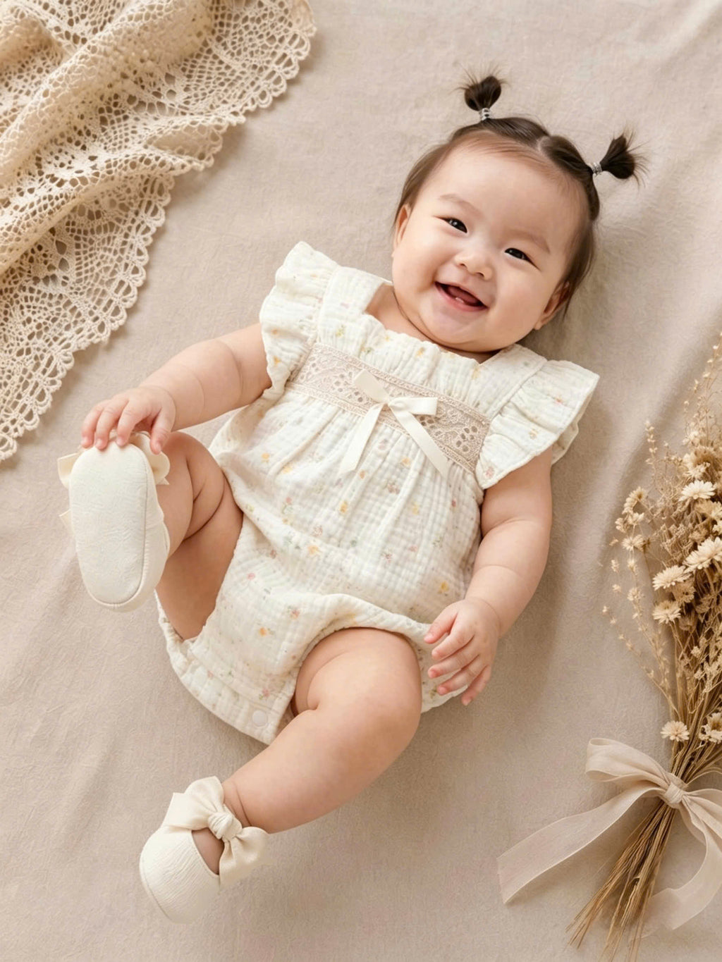 Sweet Blossom Muslin Babydoll Romper Set Newborn–12 Months | Floral Baby Romper with Matching Bib | Summer Baby Outfit