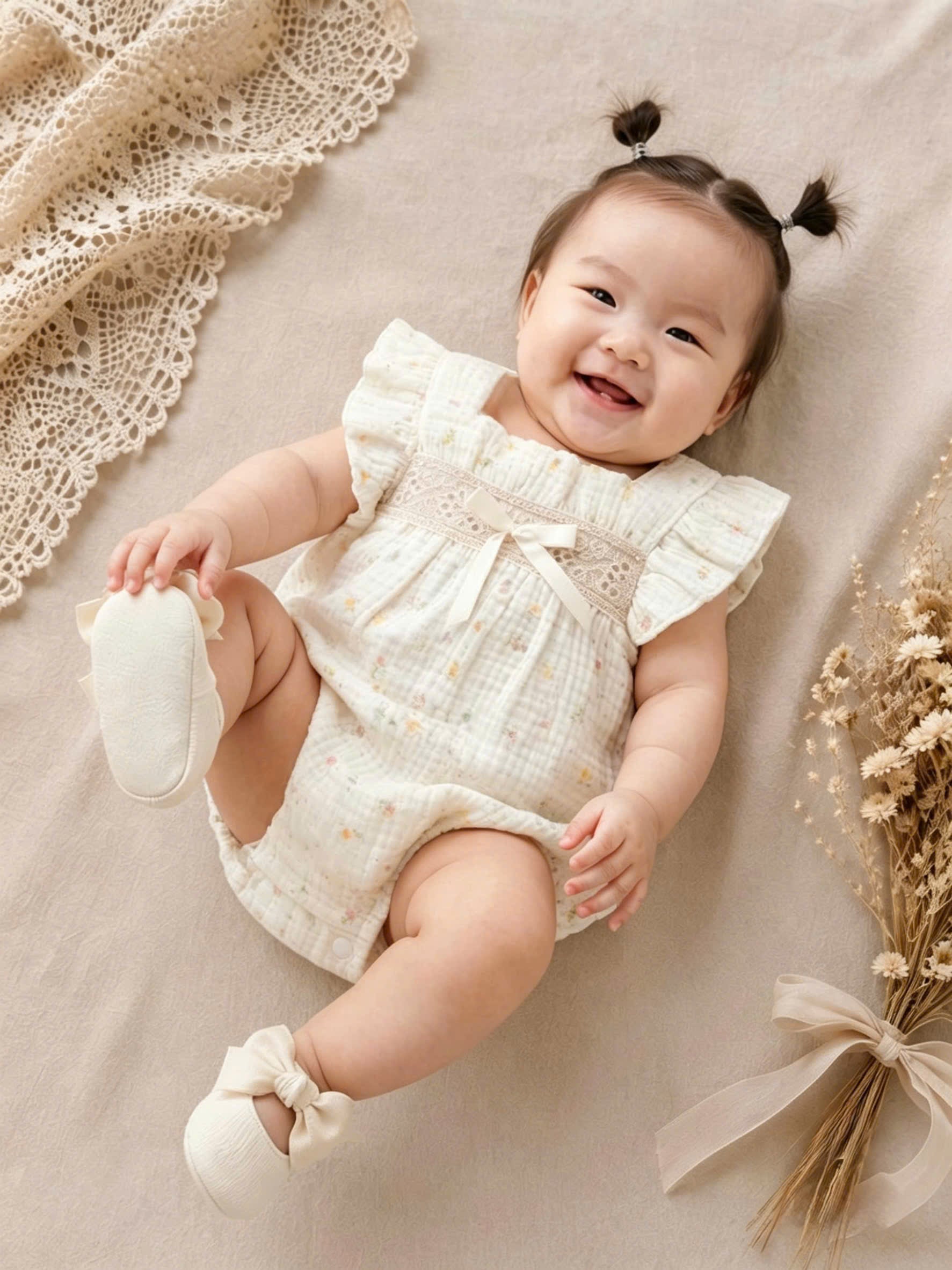 Sweet Blossom Muslin Babydoll Romper Set Newborn–12 Months | Floral Baby Romper with Matching Bib | Summer Baby Outfit