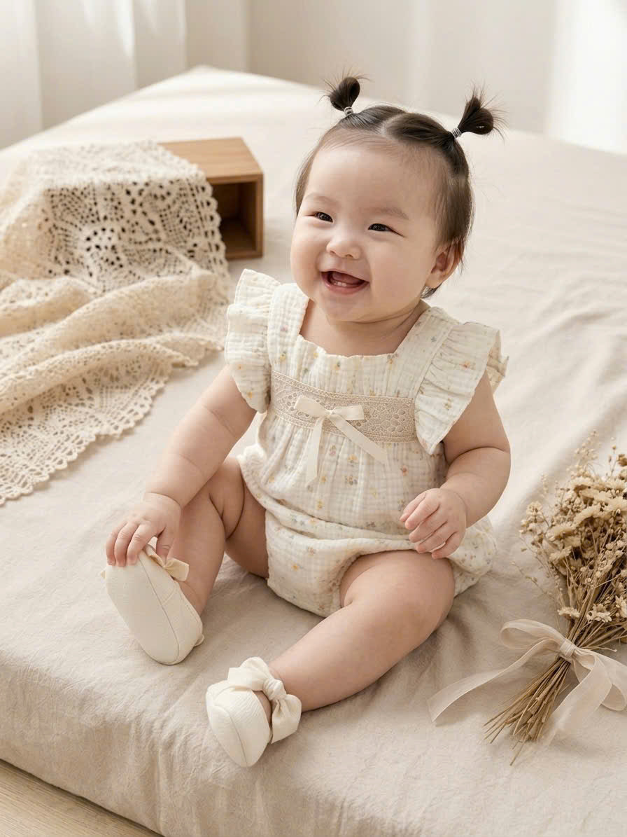 Sweet Blossom Muslin Babydoll Romper Set Newborn–12 Months | Floral Baby Romper with Matching Bib | Summer Baby Outfit