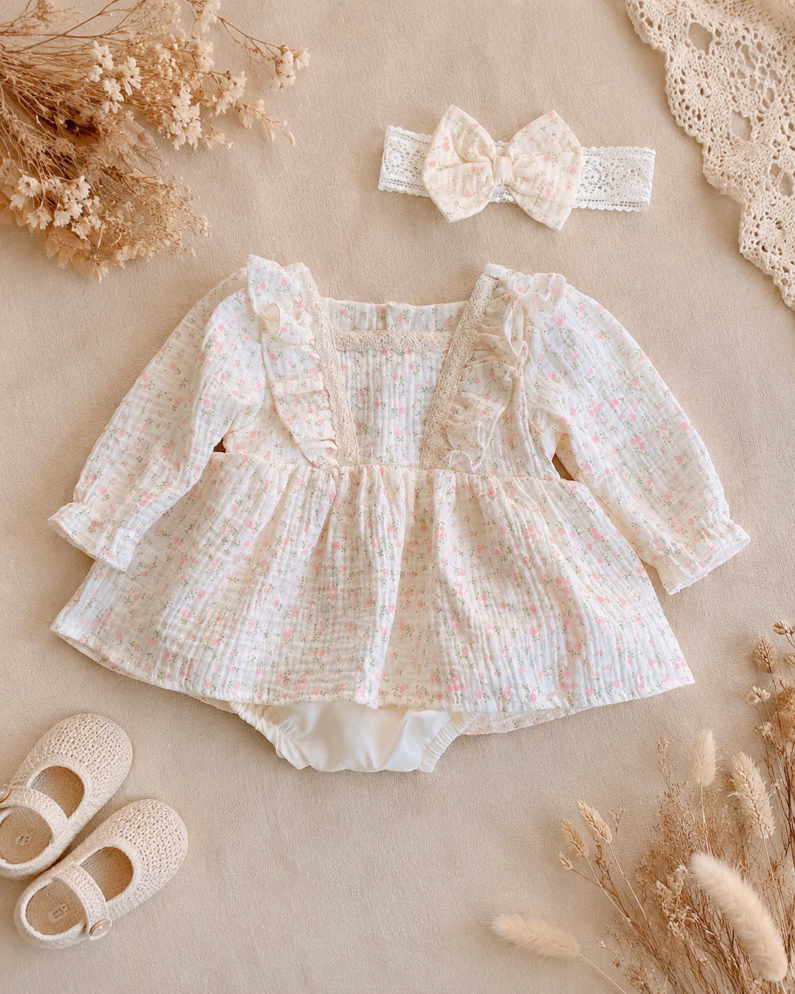Vintage Blossom Muslin Romper Dress Newborn–12 Months | Floral Baby Romper with Matching Headband | Cottagecore Baby Outfit