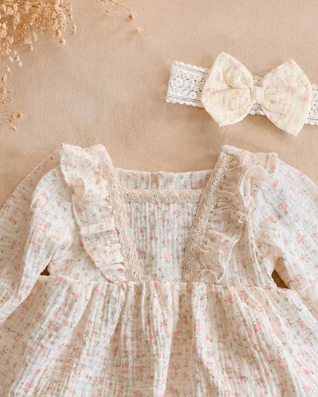 Vintage Blossom Muslin Romper Dress Newborn–12 Months | Floral Baby Romper with Matching Headband | Cottagecore Baby Outfit
