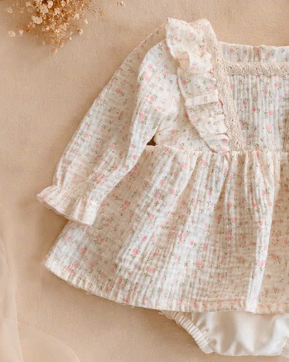 Vintage Blossom Muslin Romper Dress Newborn–12 Months | Floral Baby Romper with Matching Headband | Cottagecore Baby Outfit