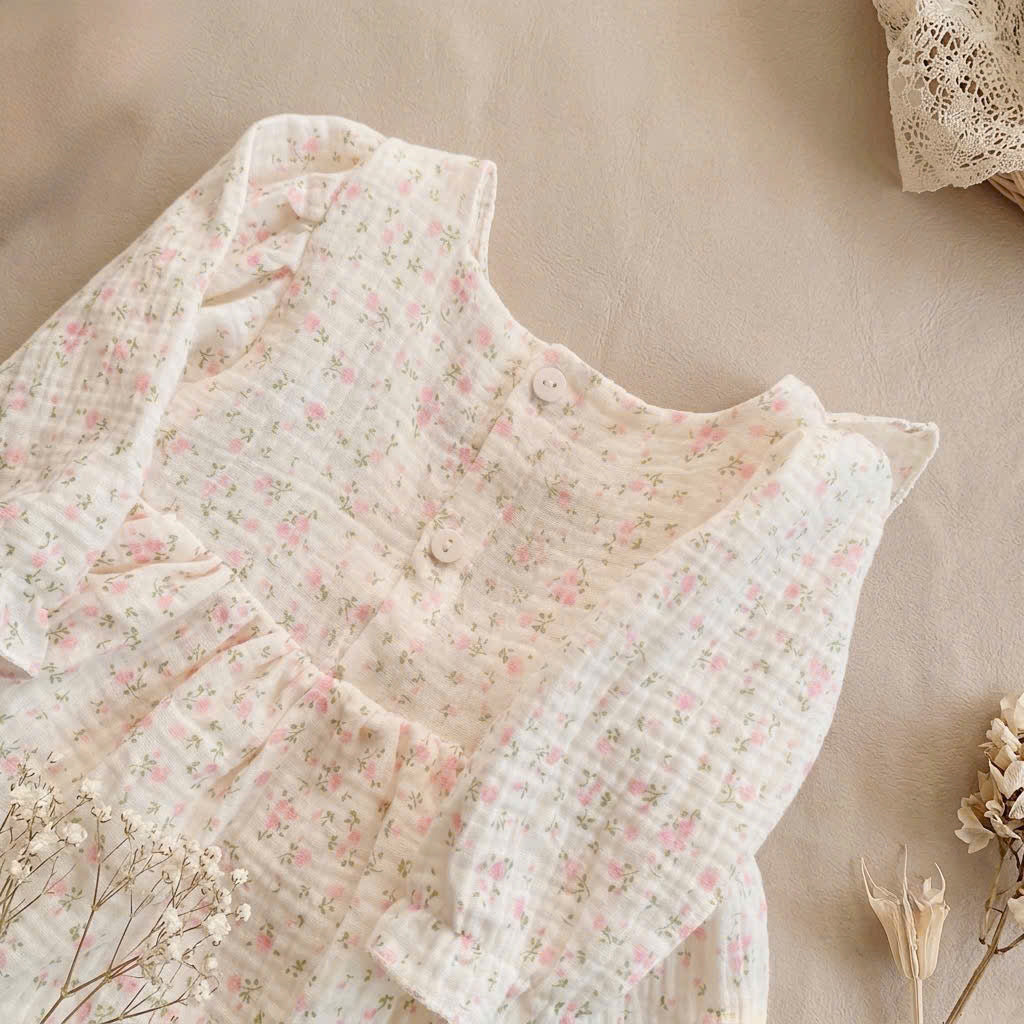 Vintage Blossom Muslin Romper Dress Newborn–12 Months | Floral Baby Romper with Matching Headband | Cottagecore Baby Outfit