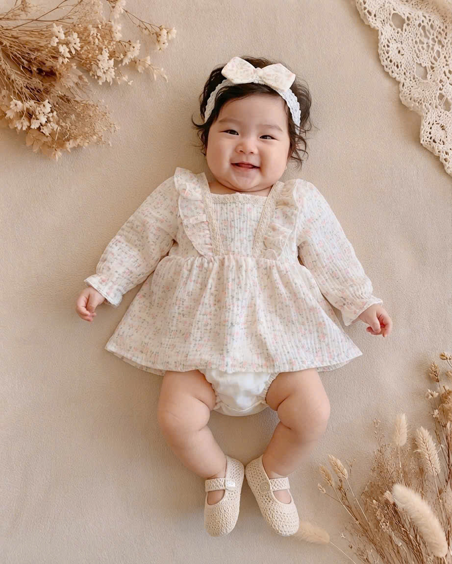 Vintage Blossom Muslin Romper Dress Newborn–12 Months | Floral Baby Romper with Matching Headband | Cottagecore Baby Outfit