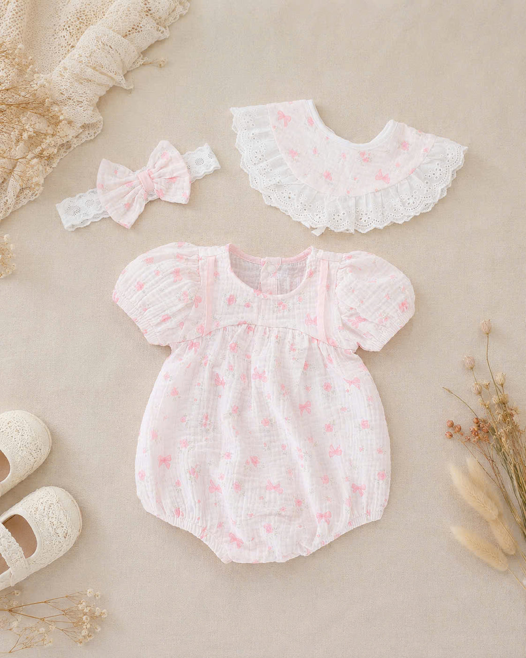Pink Bow Whisper Romper Set Newborn–12 Months | Vintage Baby Romper with Detachable Bib & Matching Headband