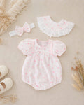 Pink Bow Whisper Romper Set Newborn–12 Months | Vintage Baby Romper with Detachable Bib & Matching Headband