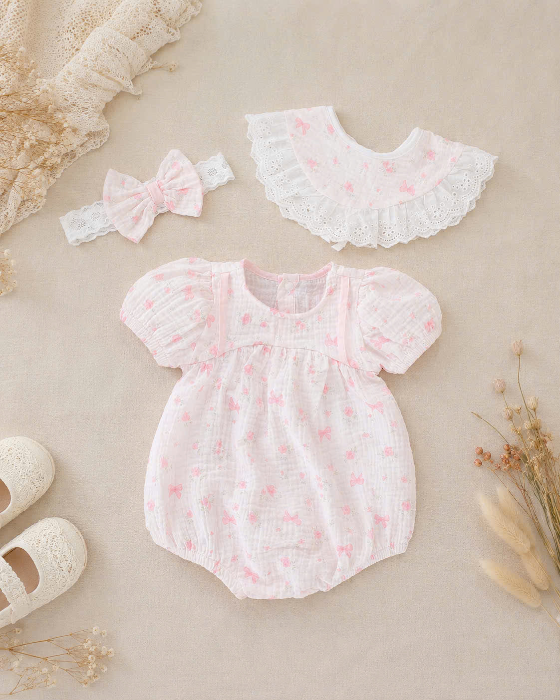 Pink Bow Whisper Romper Set Newborn–12 Months | Vintage Baby Romper with Detachable Bib & Matching Headband