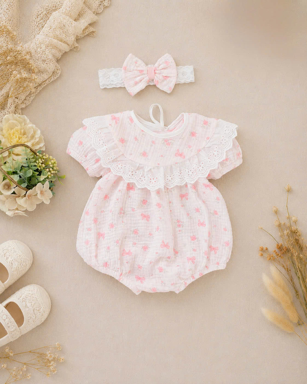 Pink Bow Whisper Romper Set Newborn–12 Months | Vintage Baby Romper with Detachable Bib & Matching Headband