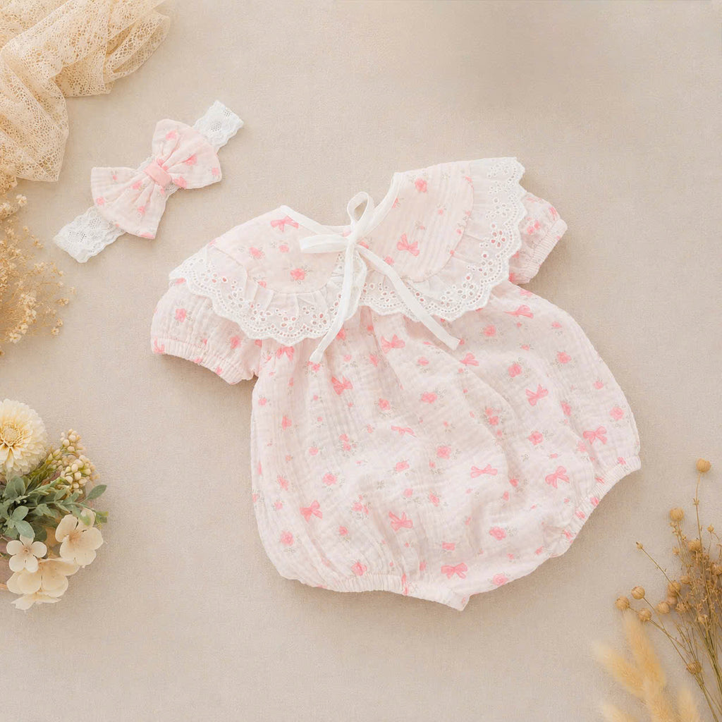 Pink Bow Whisper Romper Set Newborn–12 Months | Vintage Baby Romper with Detachable Bib & Matching Headband