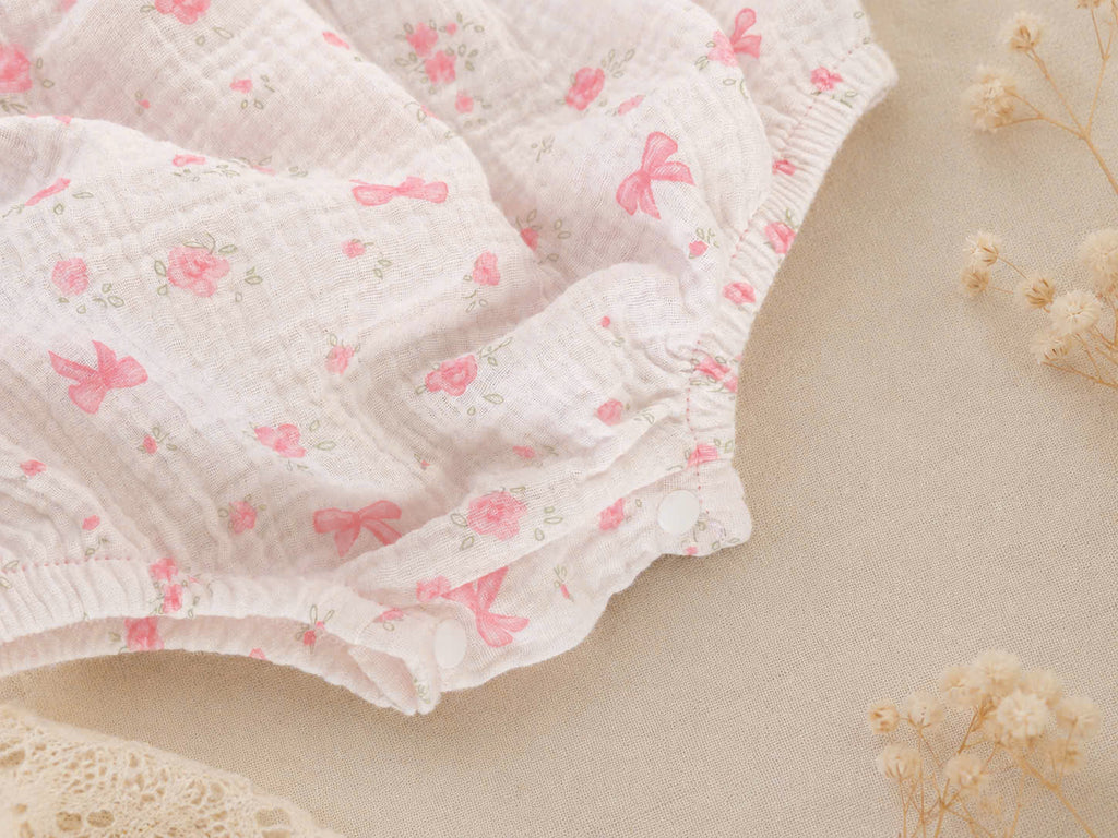 Pink Bow Whisper Romper Set Newborn–12 Months | Vintage Baby Romper with Detachable Bib & Matching Headband