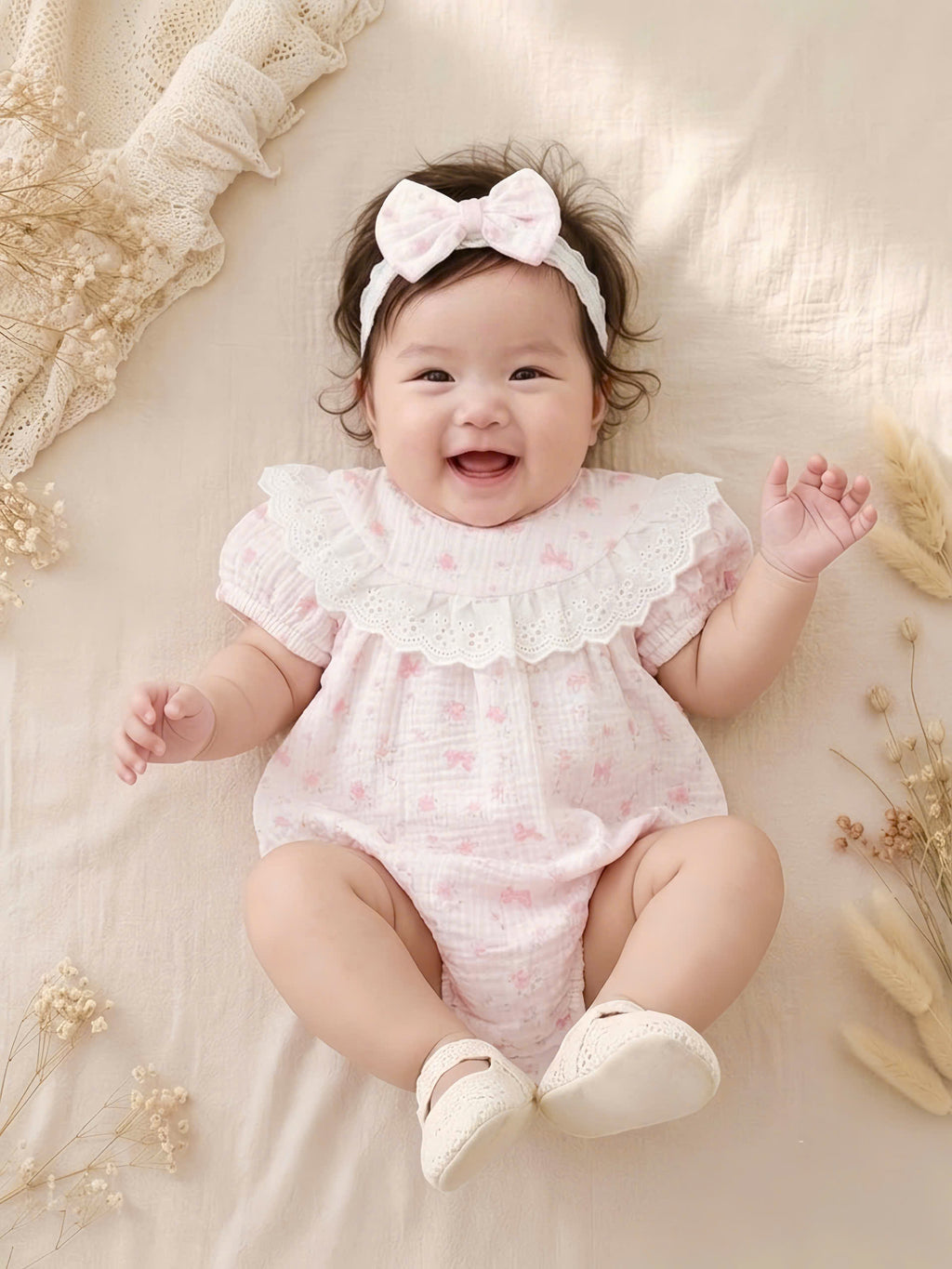 Pink Bow Whisper Romper Set Newborn–12 Months | Vintage Baby Romper with Detachable Bib & Matching Headband