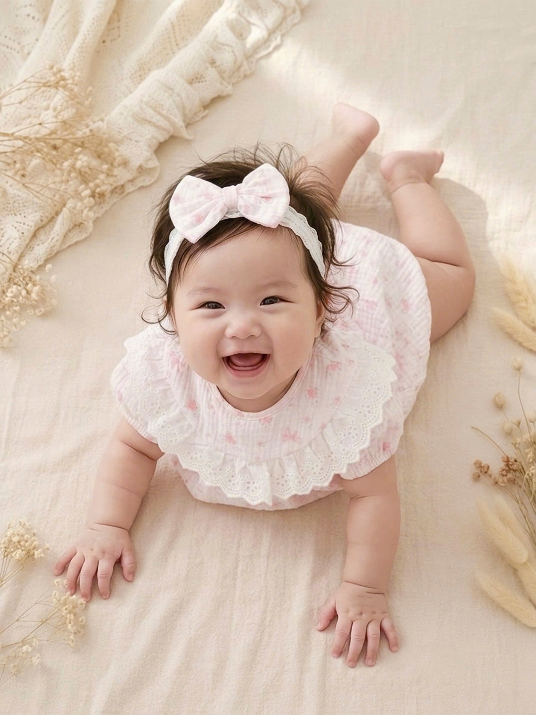 Pink Bow Whisper Romper Set Newborn–12 Months | Vintage Baby Romper with Detachable Bib & Matching Headband