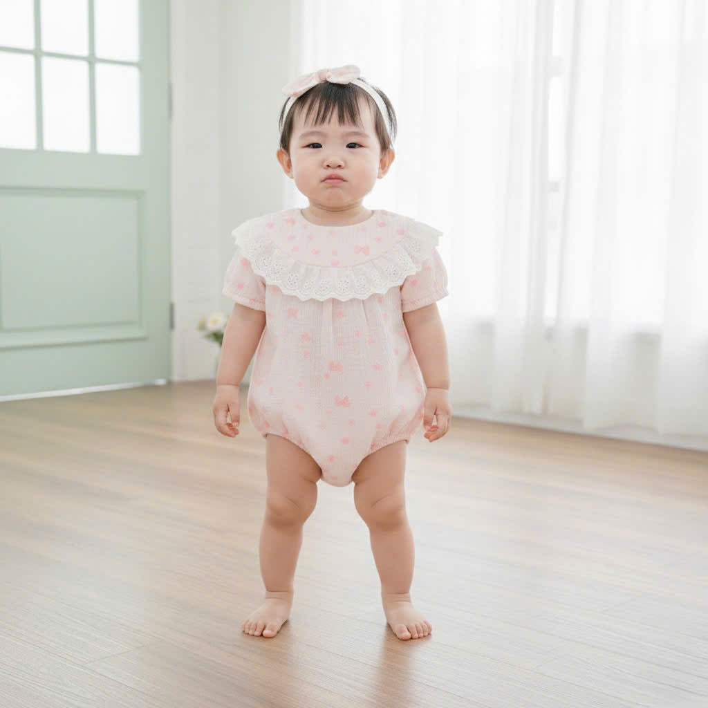 Pink Bow Whisper Romper Set Newborn–12 Months | Vintage Baby Romper with Detachable Bib & Matching Headband