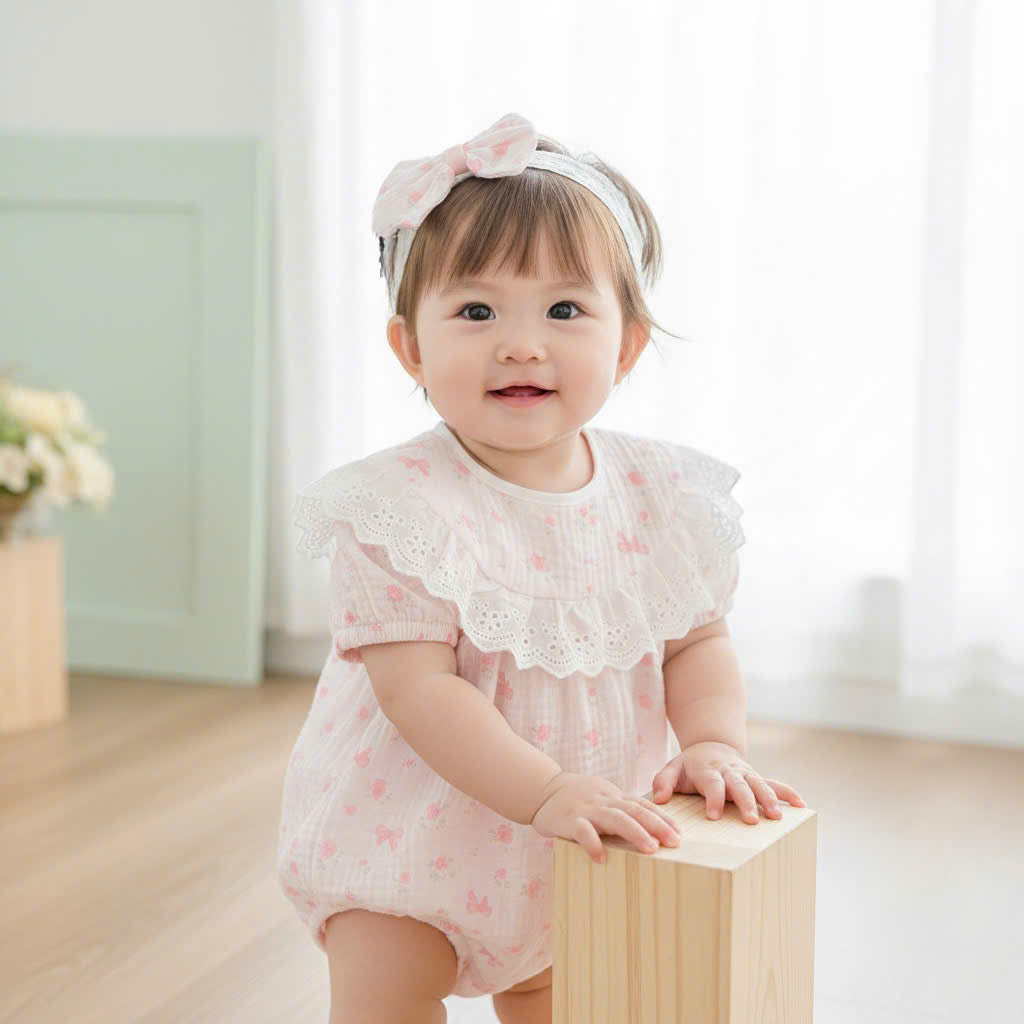 Pink Bow Whisper Romper Set Newborn–12 Months | Vintage Baby Romper with Detachable Bib & Matching Headband