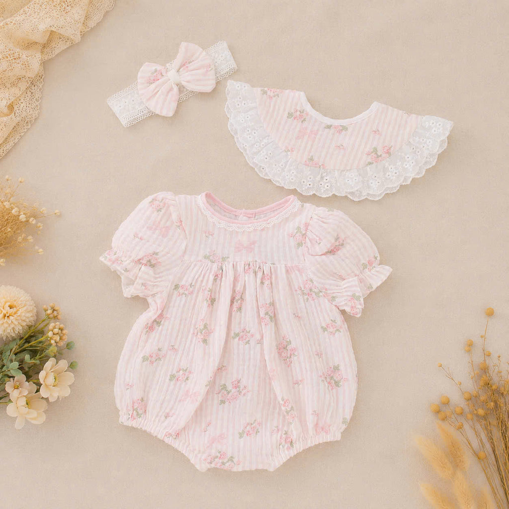 Rosy Whisper Romper Set Newborn–12 Months | Floral Baby Romper with Detachable Lace Bib & Matching Headband
