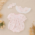Rosy Whisper Romper Set Newborn–12 Months | Floral Baby Romper with Detachable Lace Bib & Matching Headband