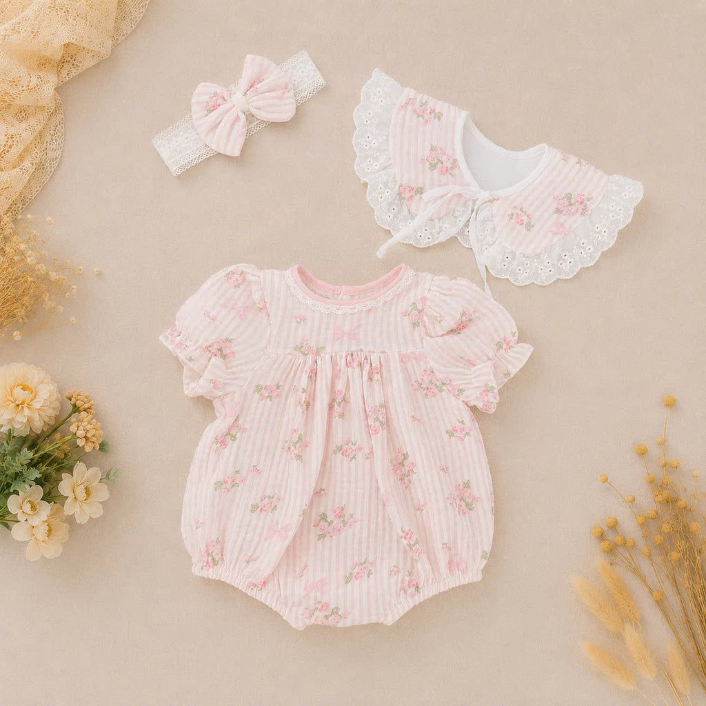 Rosy Whisper Romper Set Newborn–12 Months | Floral Baby Romper with Detachable Lace Bib & Matching Headband