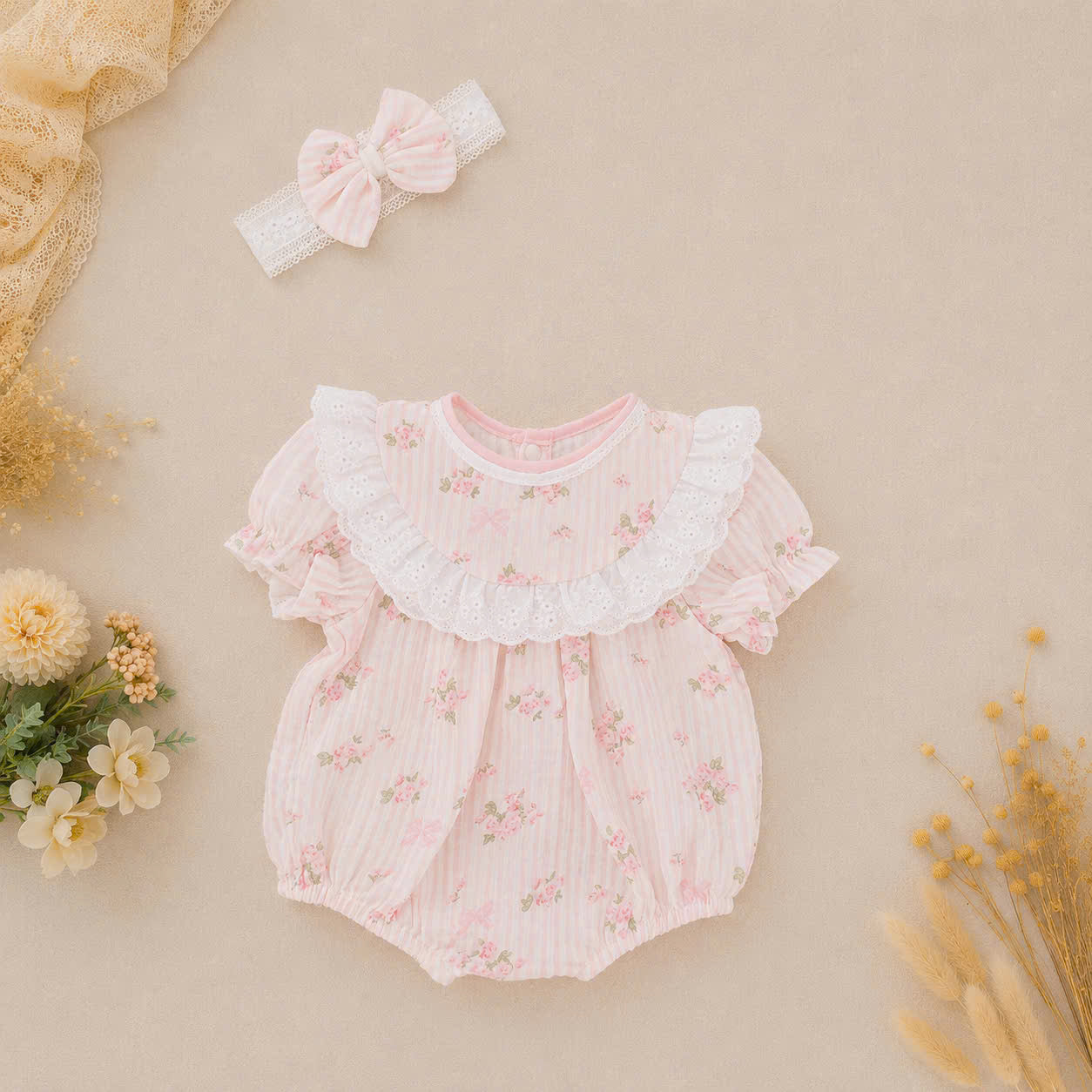 Rosy Whisper Romper Set Newborn–12 Months | Floral Baby Romper with Detachable Lace Bib & Matching Headband