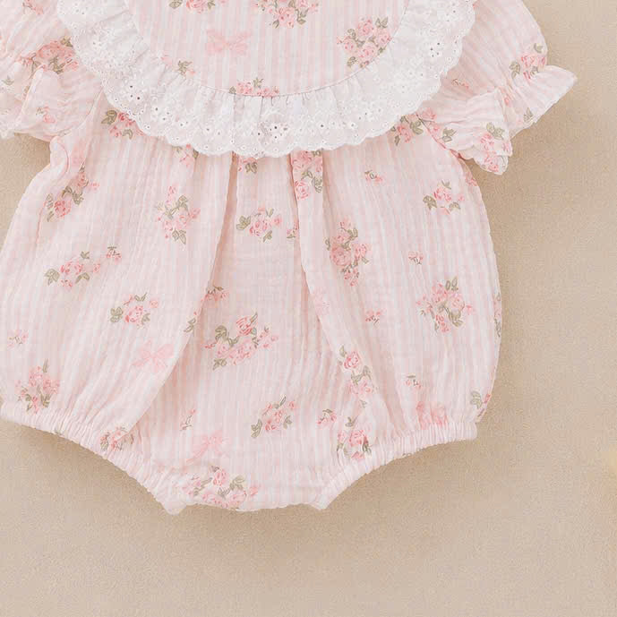 Rosy Whisper Romper Set Newborn–12 Months | Floral Baby Romper with Detachable Lace Bib & Matching Headband