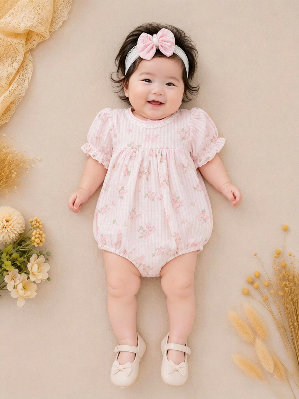Rosy Whisper Romper Set Newborn–12 Months | Floral Baby Romper with Detachable Lace Bib & Matching Headband