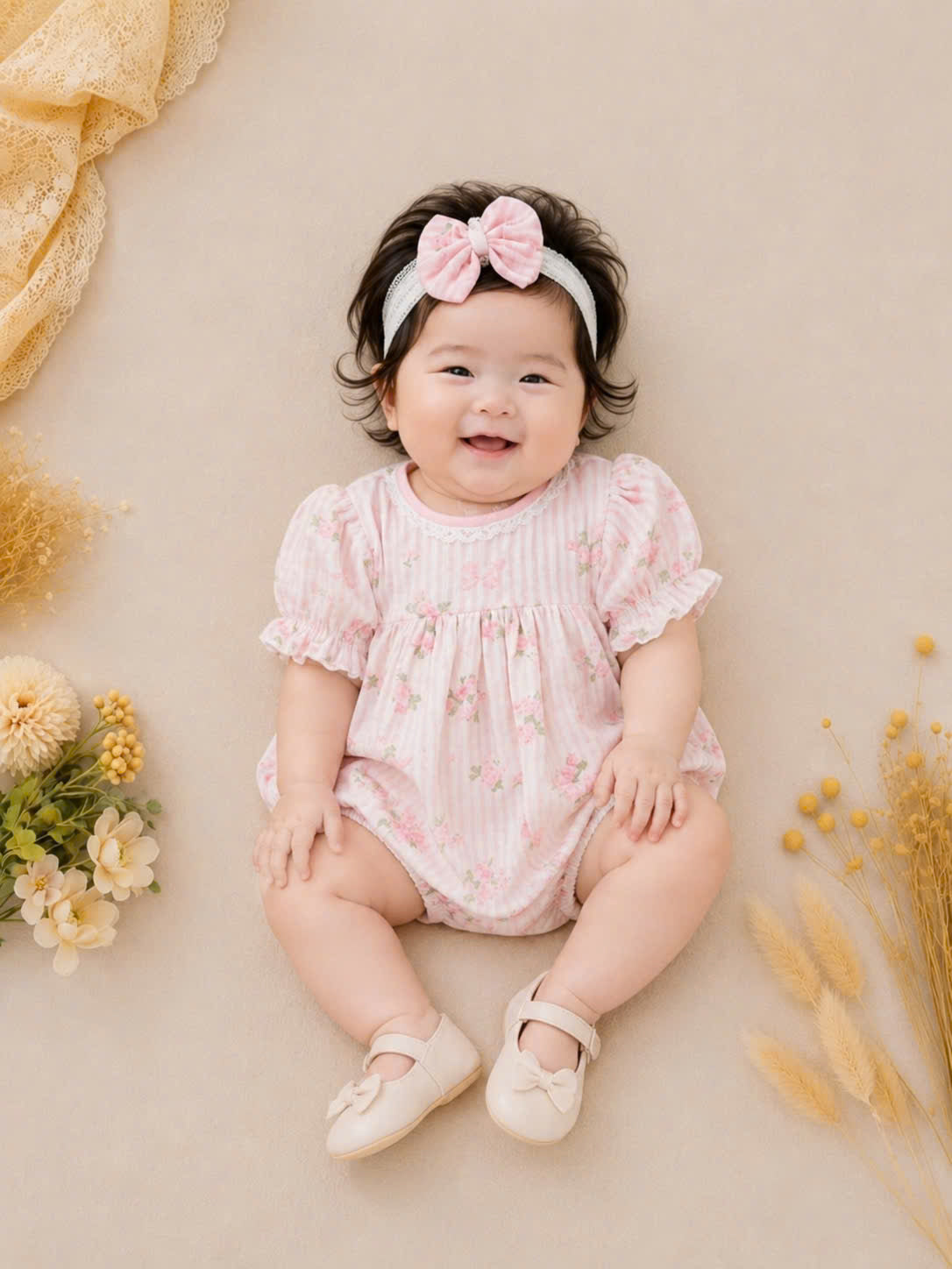 Rosy Whisper Romper Set Newborn–12 Months | Floral Baby Romper with Detachable Lace Bib & Matching Headband