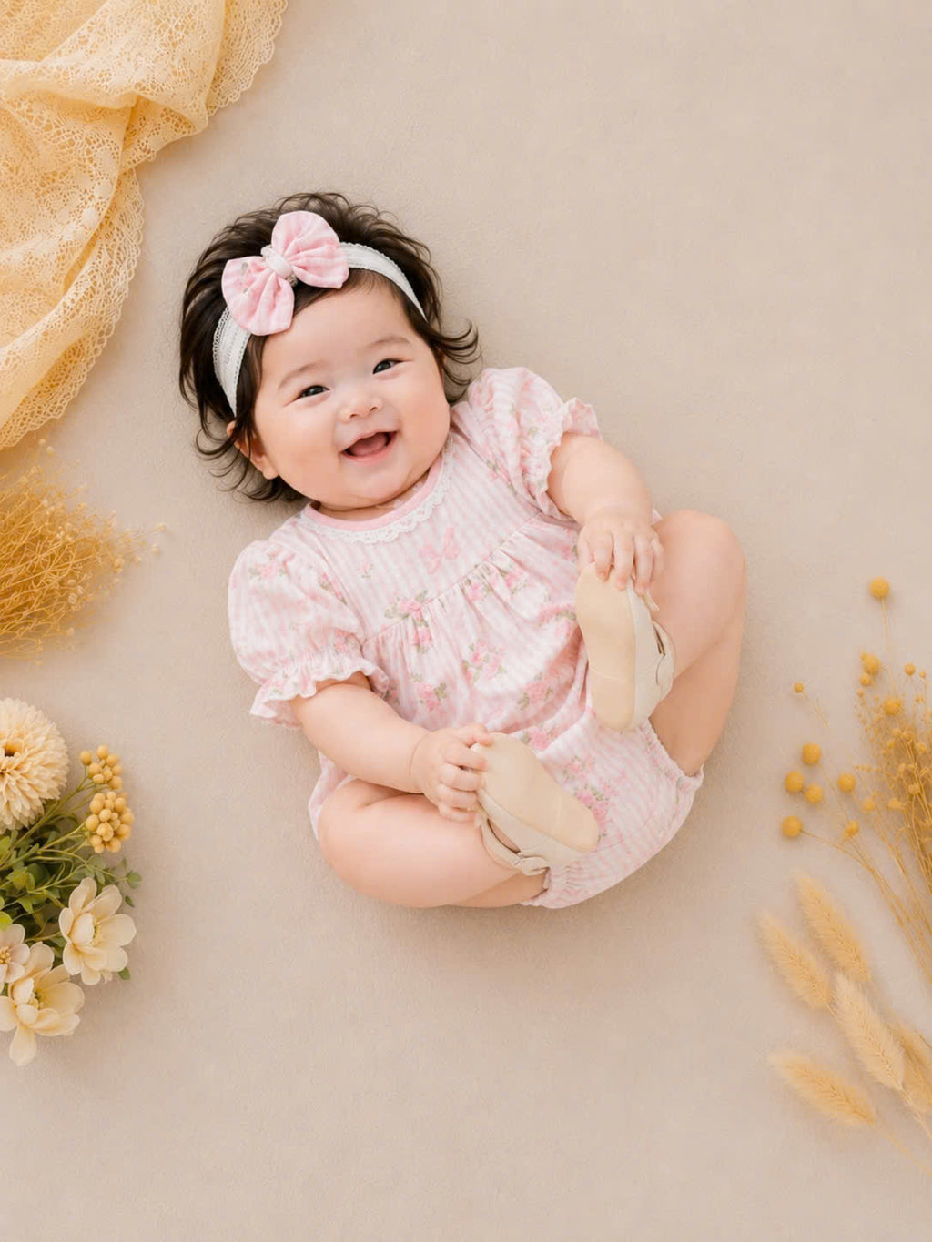 Rosy Whisper Romper Set Newborn–12 Months | Floral Baby Romper with Detachable Lace Bib & Matching Headband