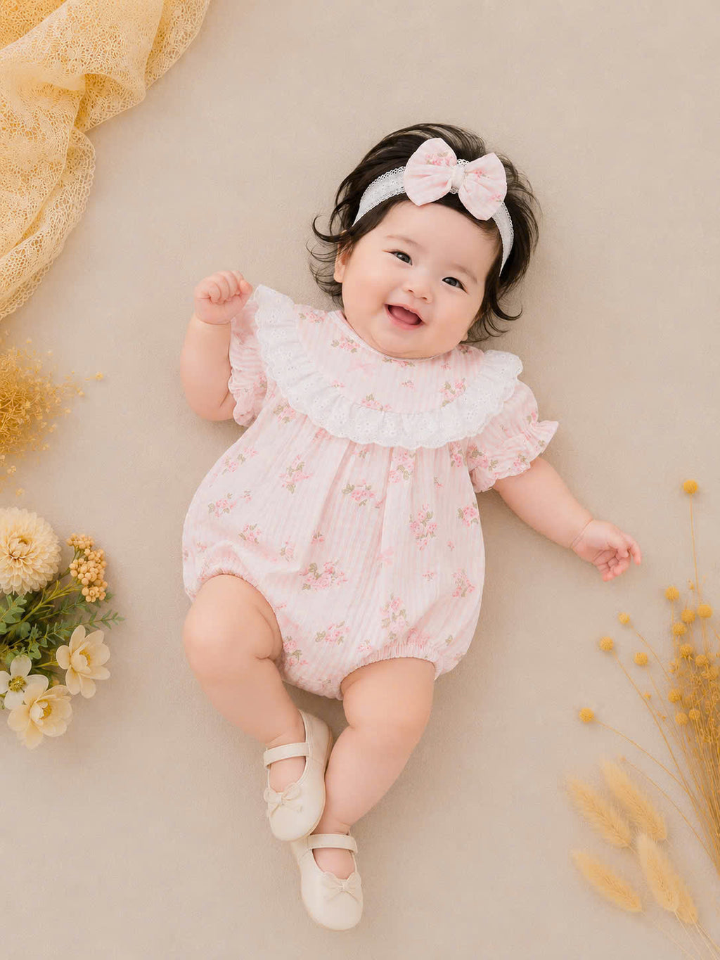 Rosy Whisper Romper Set Newborn–12 Months | Floral Baby Romper with Detachable Lace Bib & Matching Headband