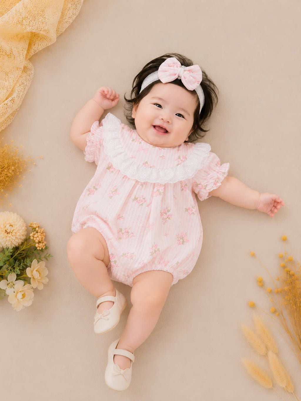 Rosy Whisper Romper Set Newborn–12 Months | Floral Baby Romper with Detachable Lace Bib & Matching Headband
