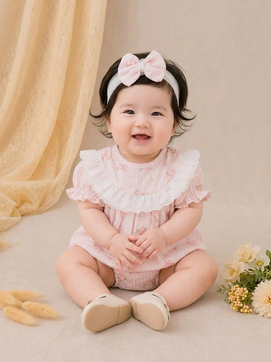 Rosy Whisper Romper Set Newborn–12 Months | Floral Baby Romper with Detachable Lace Bib & Matching Headband