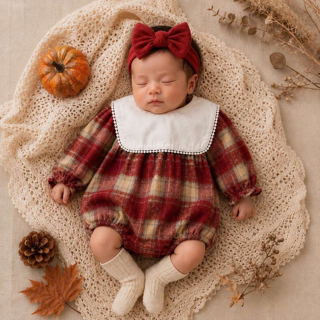 Red Plaid Baby Romper Set Newborn-2Years | Flannel Romper with Bib Collar | Autumn & Winter Outfit