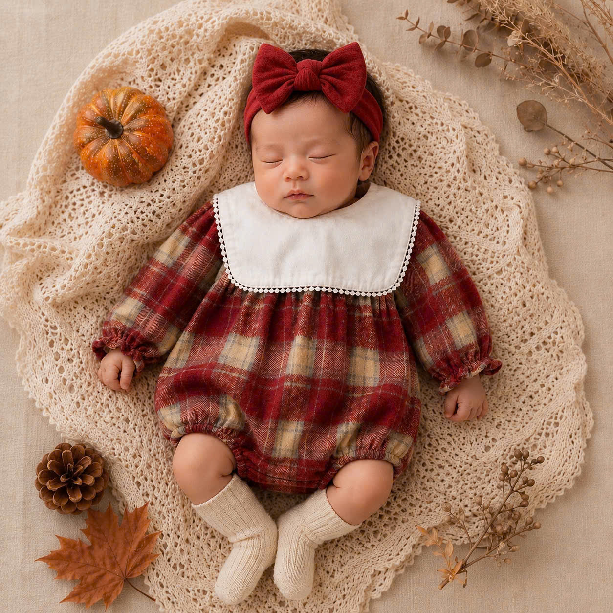 Red Plaid Baby Romper Set Newborn-2Years | Flannel Romper with Bib Collar | Autumn & Winter Outfit