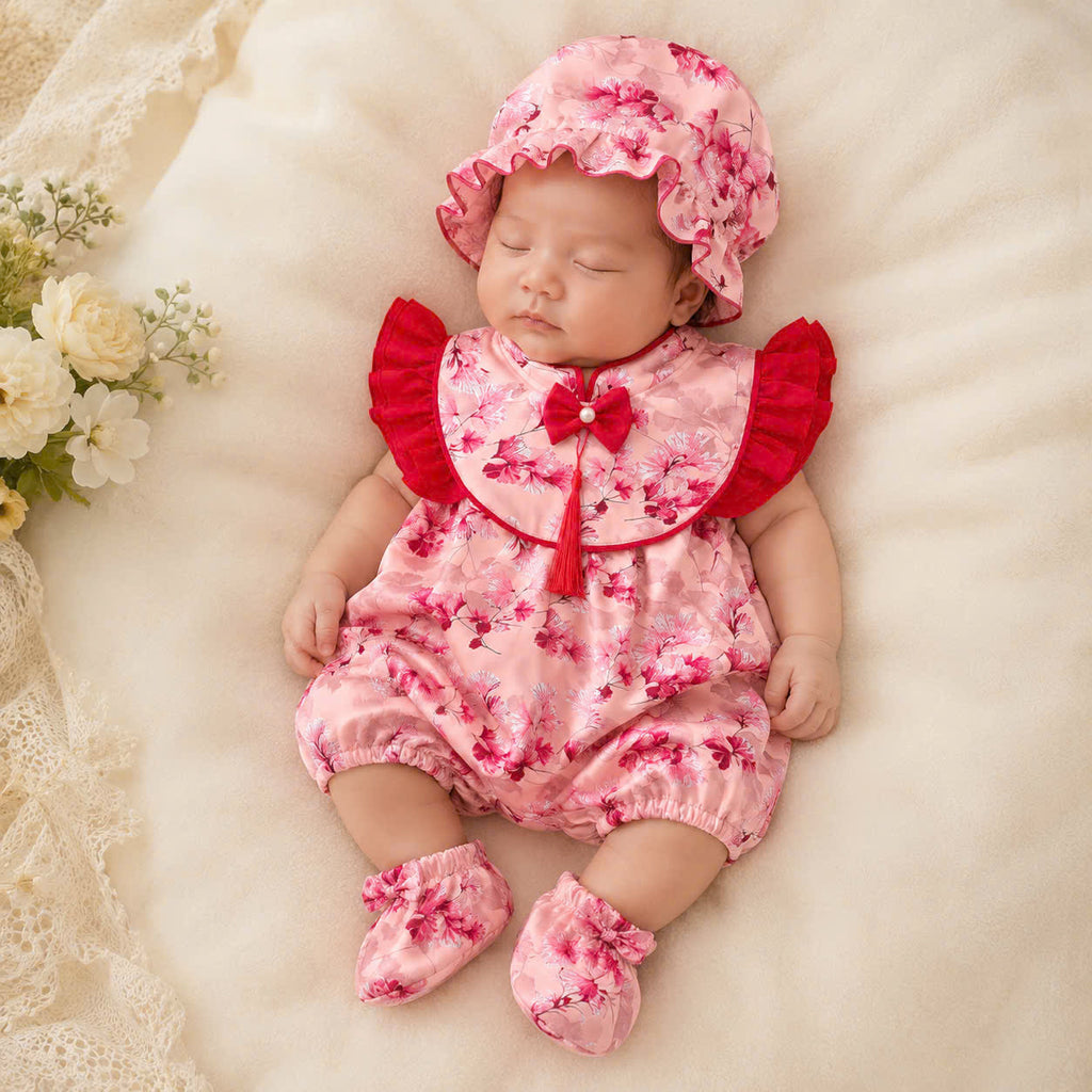 Cheongsam Romper – Blossom Charm Newborn–2Years | Floral Baby Romper with Matching Bonnet & Baby Shoes | Lunar New Year Outfit
