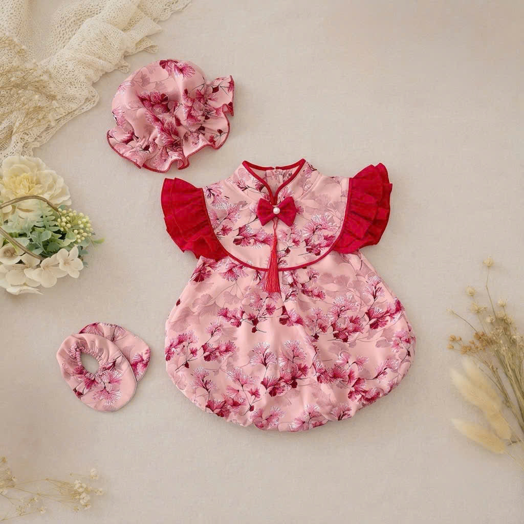 Cheongsam Romper – Blossom Charm Newborn–2Years | Floral Baby Romper with Matching Bonnet & Baby Shoes | Lunar New Year Outfit