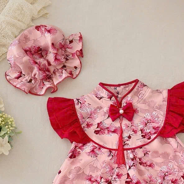 Cheongsam Romper – Blossom Charm Newborn–2Years | Floral Baby Romper with Matching Bonnet & Baby Shoes | Lunar New Year Outfit