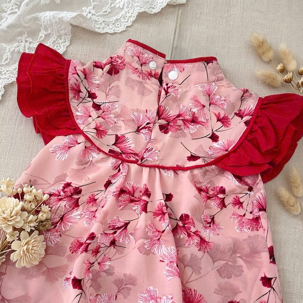 Cheongsam Romper – Blossom Charm Newborn–2Years | Floral Baby Romper with Matching Bonnet & Baby Shoes | Lunar New Year Outfit