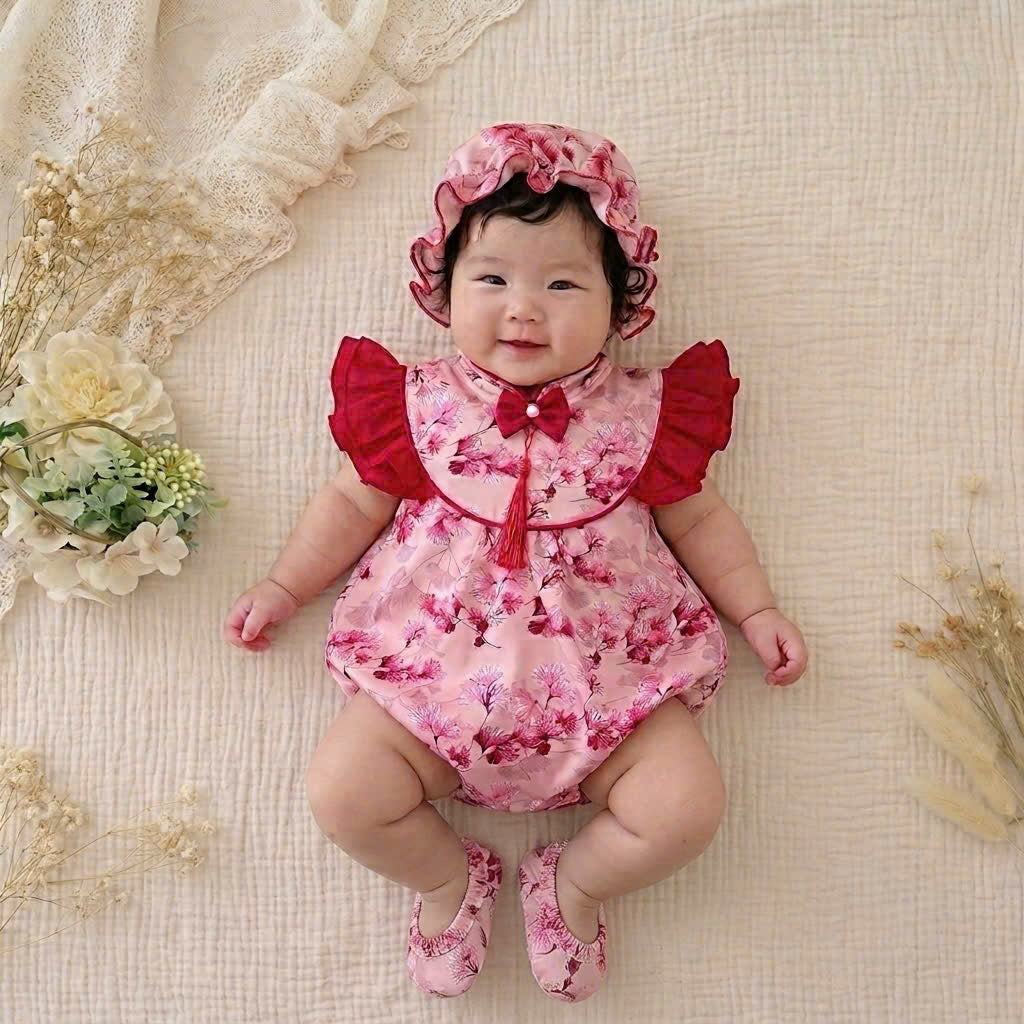 Cheongsam Romper – Blossom Charm Newborn–2Years | Floral Baby Romper with Matching Bonnet & Baby Shoes | Lunar New Year Outfit