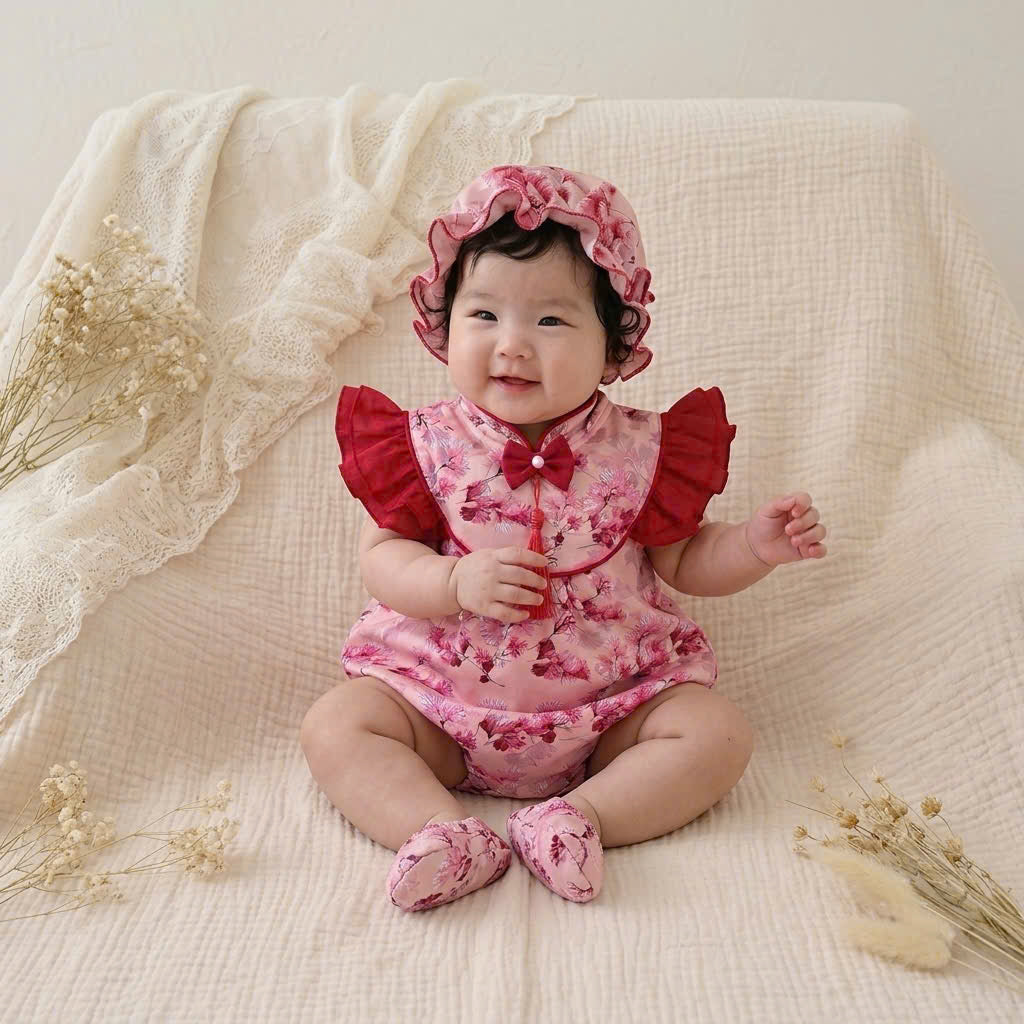 Cheongsam Romper – Blossom Charm Newborn–2Years | Floral Baby Romper with Matching Bonnet & Baby Shoes | Lunar New Year Outfit