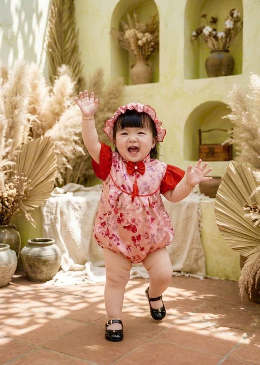 Cheongsam Romper – Blossom Charm Newborn–2Years | Floral Baby Romper with Matching Bonnet & Baby Shoes | Lunar New Year Outfit
