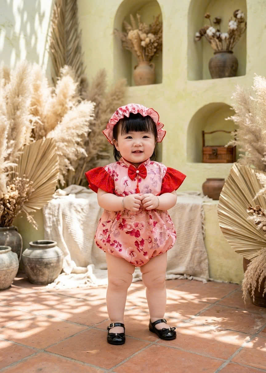 Cheongsam Romper – Blossom Charm Newborn–2Years | Floral Baby Romper with Matching Bonnet & Baby Shoes | Lunar New Year Outfit
