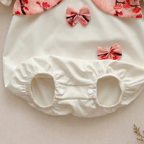 Cheongsam Romper – Peach Blossom Newborn–2 Years | Floral Baby Romper with Matching Bonnet & Baby Shoes | Lunar New Year Outfit
