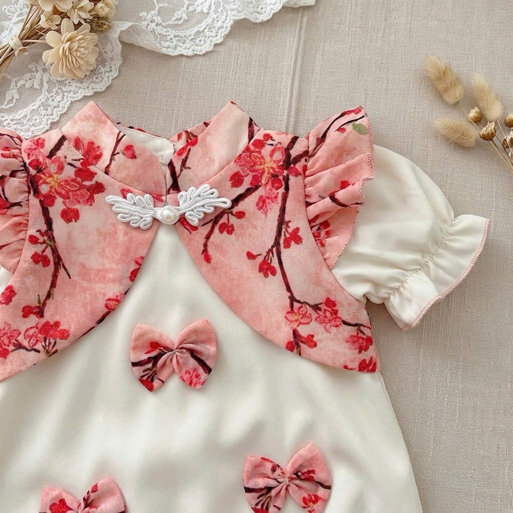 Cheongsam Romper – Peach Blossom Newborn–2 Years | Floral Baby Romper with Matching Bonnet & Baby Shoes | Lunar New Year Outfit