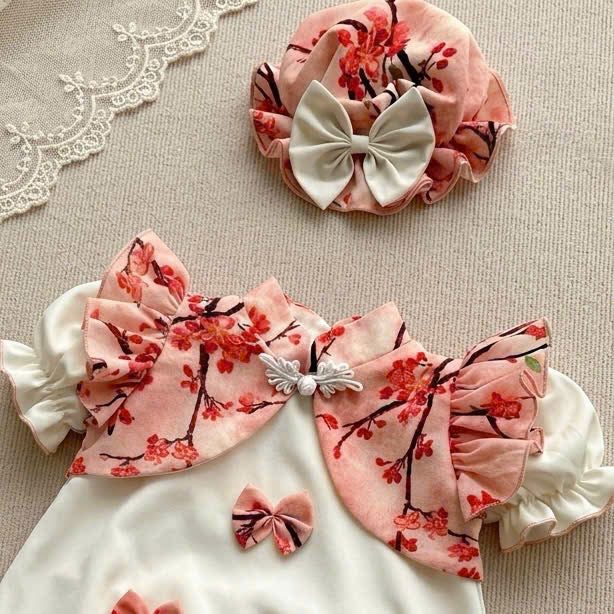 Cheongsam Romper – Peach Blossom Newborn–2 Years | Floral Baby Romper with Matching Bonnet & Baby Shoes | Lunar New Year Outfit